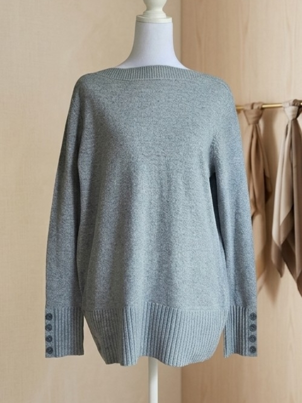 LOFT Gray Knit Boatneck Sweater L NWOT Button Cuff